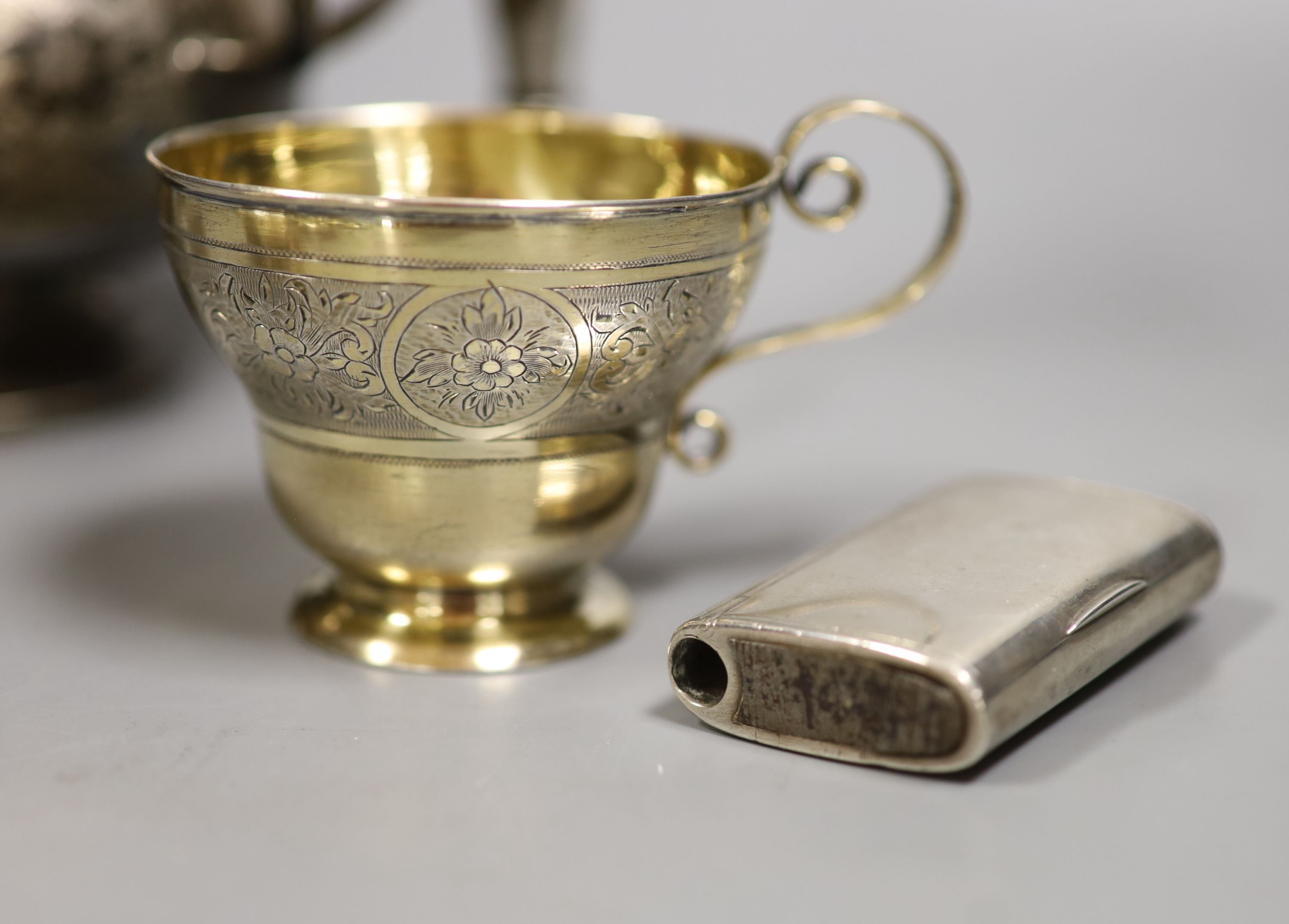 A late 19th century Russian 84 zolotnik two handled sugar bowl and cover and a small quantity of assorted Russian and Russian style items